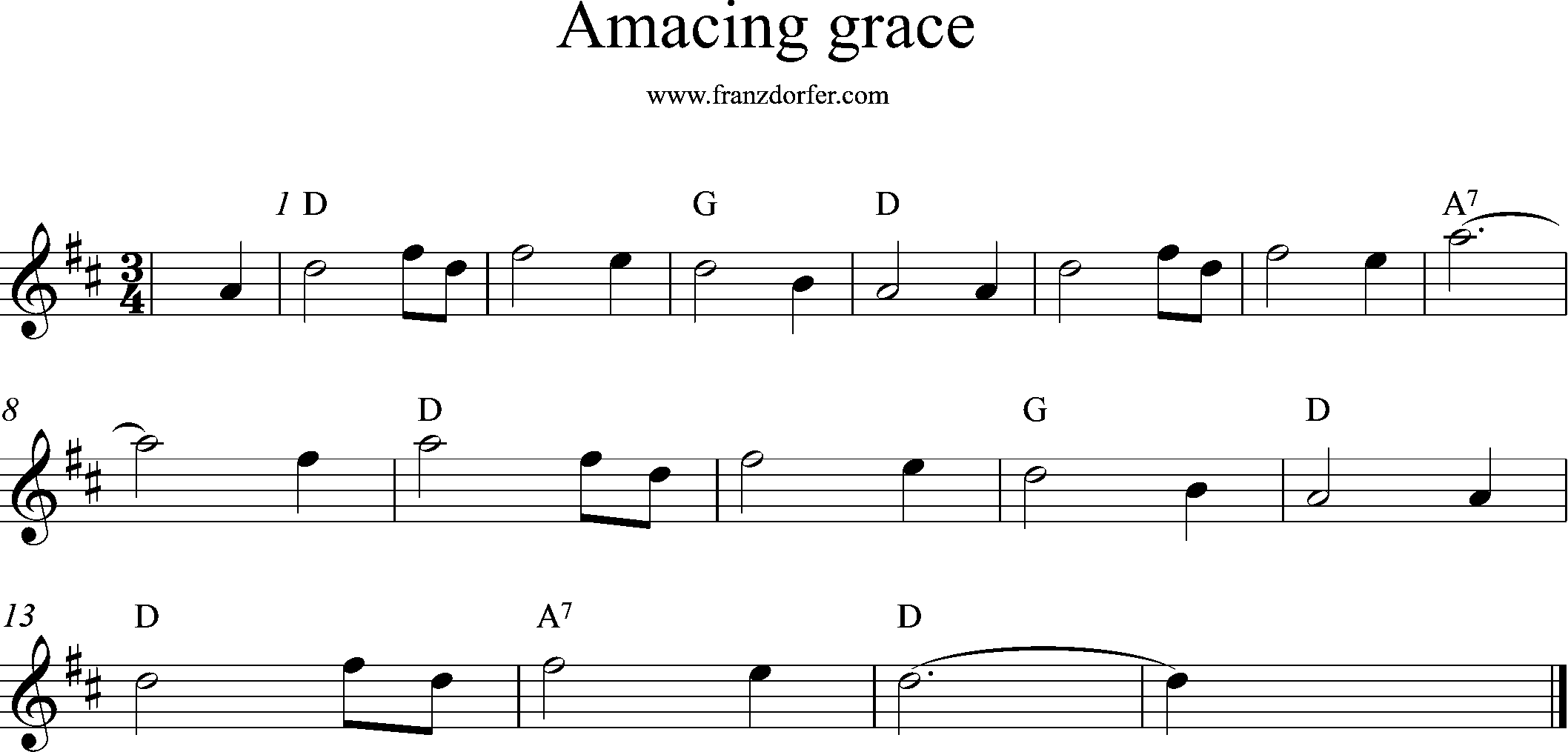 Violin, Geigennotewn, Amazing Grace, D-Dur